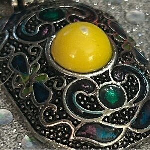 Boho Silver Tone Enamel Pendant Nevklace